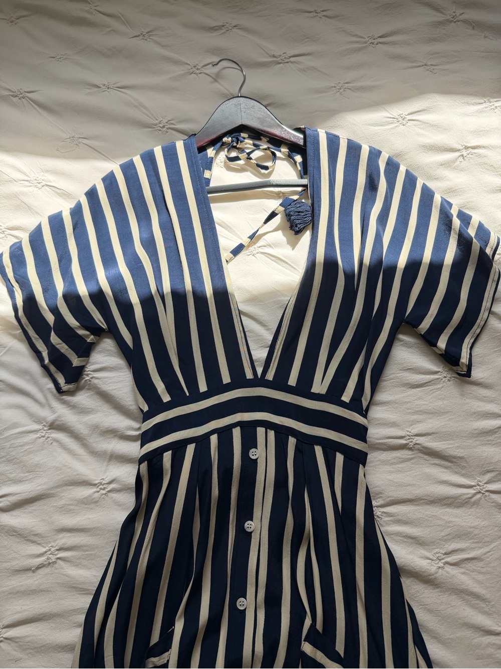 Faithfull the Brand Navy & White Striped V-Neck Midi Dress